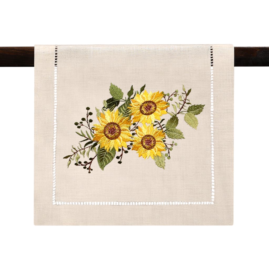 Brio Trends Sunflower Embroidered Hemstitch Table Runner | Natural Beige 14 x 54 inch